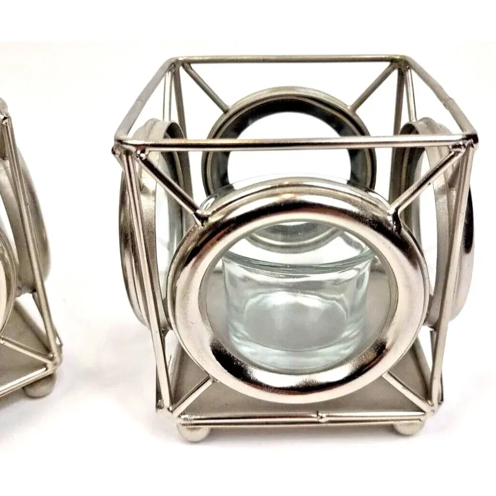 Metal and Glass Square Candle Holders 4 Sided Chrome Zodax Set Of 2 India